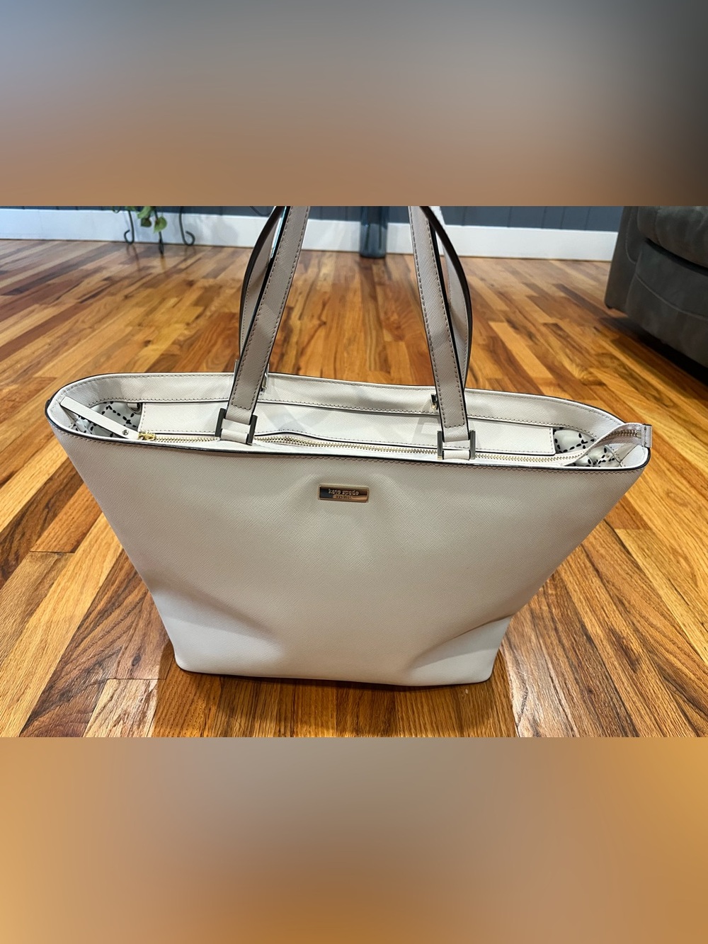 kate spade Cream Structured Saffiano Tote with Gold Plaque - Picture 12 of 13